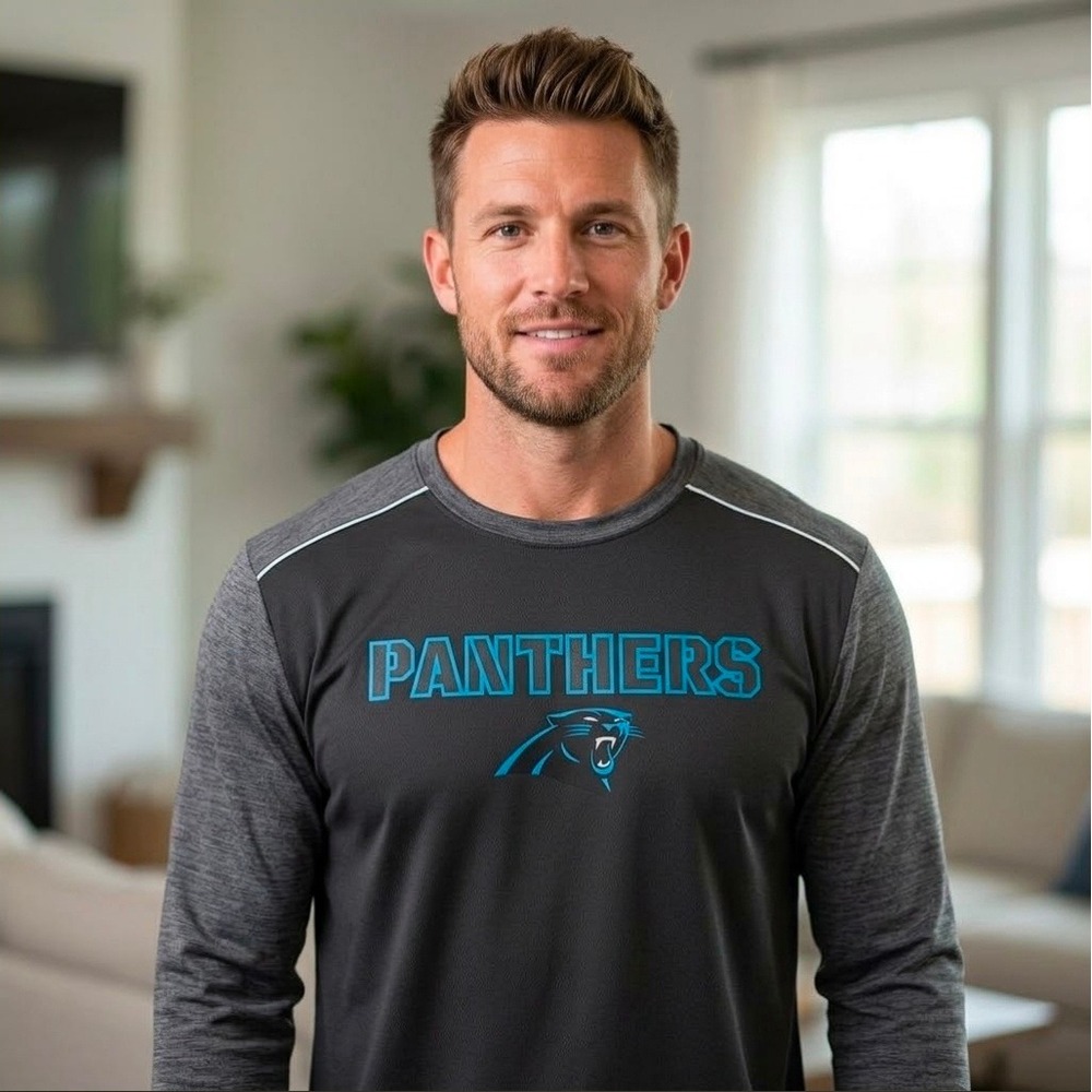 Carolina Panthers Mens Large Long Sleeve Shirt Black Grey Logo NFL Apparel New